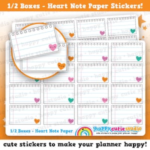 May include: Sheet of planner stickers featuring lined paper with a heart-shaped face in various colors. The stickers are labeled "1/2 Boxes - Heart Note Paper" and include the text "happy cutie studio".