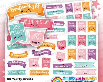 28 Cute UK Yearly Events/Holidays/Calendar/Bank Holidays Planner Stickers