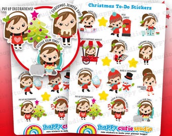 Puede incluir: Pegatinas de planificador con temática navideña con ilustraciones de dibujos animados de una niña en varias actividades navideñas. Las pegatinas incluyen frases como "¡Pon decoraciones!" y "¡Tiempo de película festiva!" Las pegatinas están diseñadas para hacer feliz tu agenda.