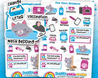 24 Cute Cat Care/Litter/Vet/Flea Planner Stickers
