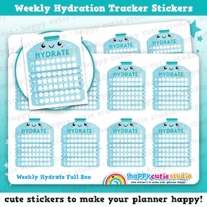 May include: A set of eight blue and white water bottle stickers with a cute cartoon face and the word "HYDRATE" on each. The stickers are designed to be used as a weekly hydration tracker.