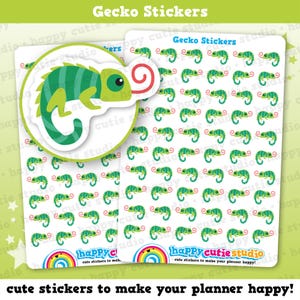 May include: Sheets of gecko stickers. Each sticker features a green and yellow chameleon with a red tongue. The stickers are on a white background with the text "Gecko Stickers" at the top. The bottom of the sheet has the text "happy cutie studio".