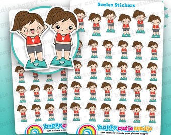 May include: Sheet of stickers featuring a cartoon girl on a scale, with the text "Scales Stickers." The stickers show the girl with different expressions. The text "happy cutie studio" and "cute stickers to make your planner happy!" are also included.