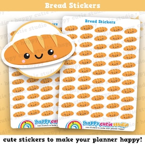 May include: Sheets of "Bread Stickers" featuring smiling bread loaf designs. The stickers are in shades of brown and tan, with a cute cartoon style. The text "Bread Stickers" is at the top of the sheets. The bottom of the sheets have the text "happy cutie studio".