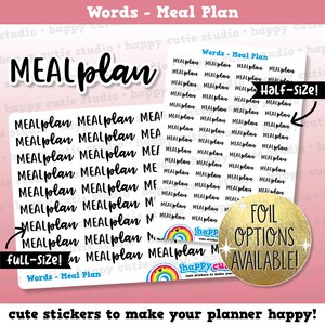 May include: Planner stickers featuring the word "MEALplan" in a handwritten style. Available in full and half sizes, with foil options. The background is pink with the text "cute stickers to make your planner happy!" in English.