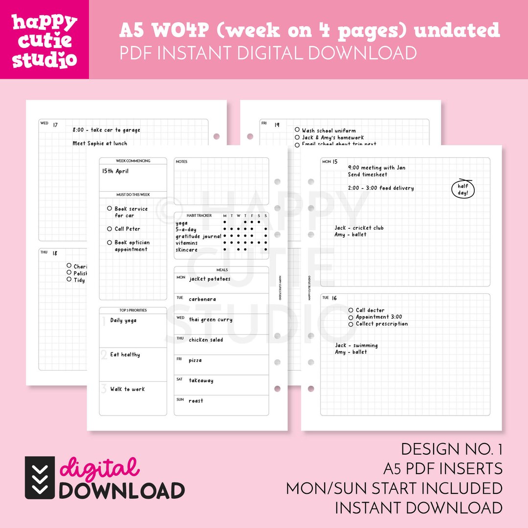 DIGITAL DOWNLOAD - WO4P - Design No. 1 - Undated Weekly A5 Printable ...