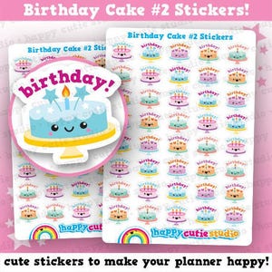 May include: Sheets of colorful birthday cake stickers. The stickers feature various cake designs with the word "birthday!" and a cute cake illustration. The text "Birthday Cake #2 Stickers!" is at the top.