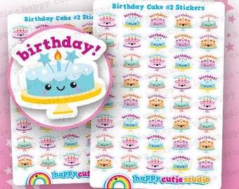 May include: Sheets of colorful birthday cake stickers. The stickers feature various cake designs with the word "birthday!" and a cute cake illustration. The text "Birthday Cake #2 Stickers!" is at the top.