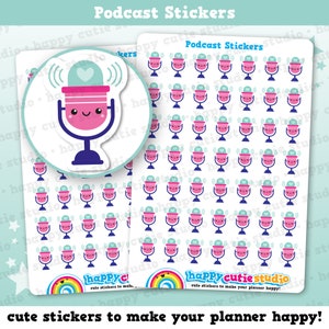 May include: A sheet of stickers featuring a cartoon microphone with a heart and sound waves. The stickers are pink, blue, and white. The sheet says "Podcast Stickers" and "Happy Cutie Studio".