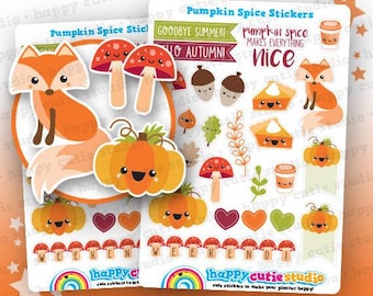 May include: A sheet of colorful planner stickers with a pumpkin spice theme. The stickers include pumpkins, mushrooms, foxes, pie slices, coffee cups, and the text "Pumpkin Spice" and "Weekend". The stickers are designed to make your planner happy.
