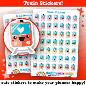 May include: A sheet of colorful train stickers with a white heart on each train. The text "Train Stickers!" and "cute stickers to make your planner happy!" is on the sheet.