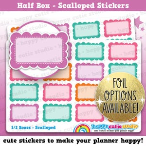May include: A sheet of colorful planner stickers with scalloped edges. The stickers are in various colors, including pink, teal, and orange. Text on the stickers reads "happy cutie studio" and "FOIL OPTIONS AVAILABLE!" The stickers are designed to make your planner happy.