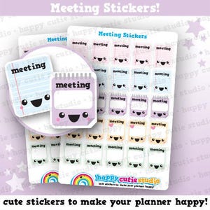 May include: Sheets of "Meeting Stickers" with a cute, smiling notepad design in various pastel colors. The stickers are designed to be used in a planner. The text "Meeting Stickers!" and "cute stickers to make your planner happy!" are also visible.