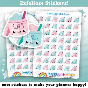 May include: Sheets of planner stickers featuring cute cartoon scrub containers in pink and blue with the word "SCRUB". The stickers have a kawaii style with smiling faces and are labeled "Exfoliate Stickers!" and "happycutie studio".