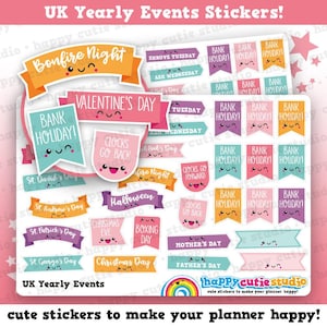 May include: A sheet of colorful UK Yearly Events stickers. The stickers feature various holidays like Valentine's Day, Halloween, and Christmas. Each sticker has a cute, smiling face and is designed for planner use.