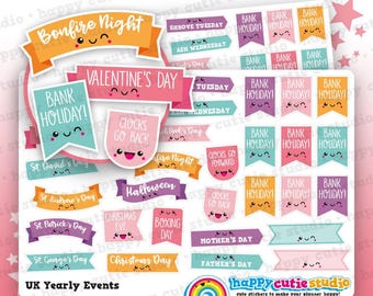 28 Cute UK Yearly Events/Holidays/Calendar/Bank Holidays Planner Stickers