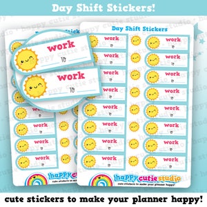 May include: A sheet of colourful stickers featuring a smiling sun design. The stickers are labelled "work" and have a space to write in the time. The stickers are designed to help organise a planner.
