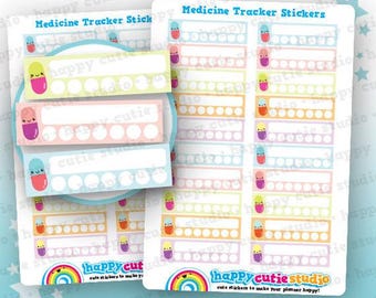 May include: Sheets of medicine tracker stickers with colorful pill illustrations. The stickers have space for tracking and the text "Medicine Tracker Stickers!" and "happy cutie studio" are visible.