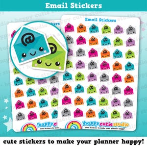 May include: Sheets of colourful email stickers featuring smiling envelope designs. The stickers display various colours including pink, orange, blue, and green, each with a black @ symbol. The text "Email Stickers" and "cute stickers to make your planner happy!" are also visible.