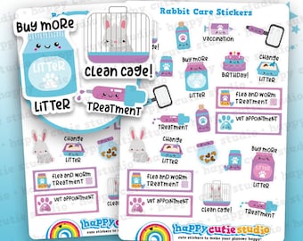 May include: A sheet of colorful rabbit care stickers. Designs include a rabbit in a cage, litter, treatment, and vet appointment icons. Text includes "Rabbit Care Stickers", "Buy More", and "Clean Cage!"