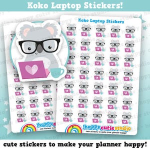 May include: Sheets of laptop stickers featuring a koala wearing glasses and working on a laptop with a heart on the screen. The stickers also include the text "Koko Laptop Stickers!" and "happy cutie studio".