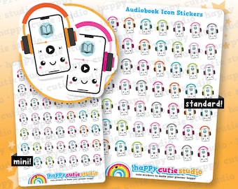 May include: Sheets of Audiobook Icon Stickers featuring smartphone designs with headphones. The stickers include the text "Audiobook Icon Stickers", "mini!", and "standard!" with a rainbow logo and the phrase "cute stickers to make your planner happy!"