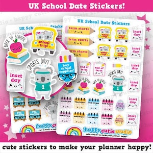 May include: A sheet of UK School Date Stickers featuring koalas, school buses, apples, and phrases like "term starts" and "inset day." These colourful stickers are designed for use in planners and calendars.