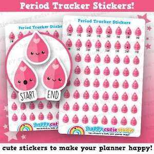 May include: Pink period tracker stickers with a cute teardrop design, featuring the words "START" and "END." The stickers are designed to make your planner happy. The image also includes the text "Period Tracker Stickers!"