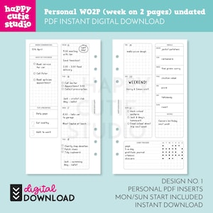 May include: A digital download of a personal planner insert with a week-on-two-pages layout. The design includes sections for appointments, to-do lists, and meal planning. The planner is undated and features a minimalist design with black text on a white background.