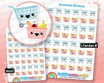 May include: Sheets of stickers featuring cute shopping carts and grocery baskets with smiling faces. The stickers are in light blue and pink, with fruits and bread inside the baskets. The text "Groceries Stickers" is at the top.