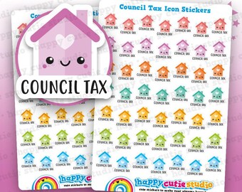 May include: Sheets of planner stickers featuring colorful house icons with the text "Council Tax." The stickers are in various colors, including pink, orange, green, and blue. The stickers are from the "happy cutie studio" brand.