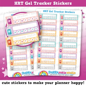 May include: A sheet of colourful stickers with a cartoon hand sanitiser bottle design. The stickers are labelled "HRT Gel Tracker Stickers" and feature the days of the week: M, T, W, T, F, S, S. The stickers are designed to help track hormone replacement therapy (HRT) gel usage.