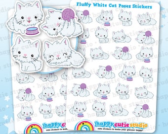 24 Cute Fluffy White Cat Poses/Kitty/Pet Planner Stickers