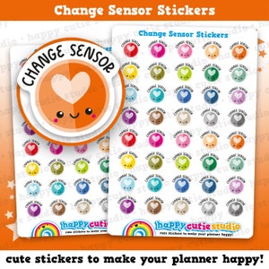 May include: A sheet of colorful stickers with a cartoon heart design. The stickers say "Change Sensor" and are designed for use in a planner.