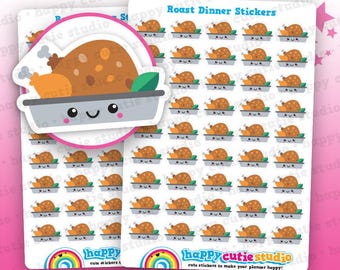 May include: Sheets of stickers featuring a cartoon roast turkey in a baking dish. The stickers have a cute, smiling face on the dish. The text "Roast Dinner Stickers!" and "happy cutie studio" are visible.