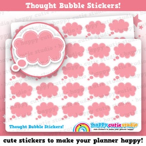 May include: Pink thought bubble stickers with a white outline and a dotted line around the edge. The stickers are arranged in rows on a white background. The text "Thought Bubble Stickers!" is at the top of the image. The text "cute stickers to make your planner happy!" is at the bottom of the image.