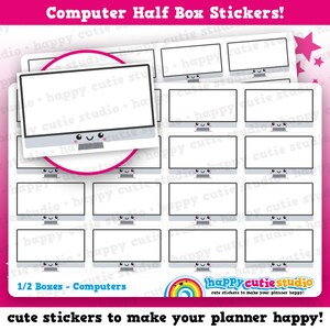 May include: A sheet of 16 half-box stickers featuring cute computer icons. Each sticker has a white background and a black outline. The computer icons have a simple design with a screen, a base, and a smiley face. The text "1/2 Boxes - Computers" is at the bottom of the sheet. The text "happy cutie studio" is at the bottom of the sheet with the text "cute stickers to make your planner happy!" below it.