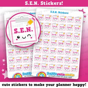 以下が含まれることがあります： ピンクと白のデザインのステッカーシート。各ステッカーには「S.E.N.」の文字と笑顔の顔が付いたメモ帳が描かれています。ステッカーはプランナーの装飾用で、虹のロゴが付いています。