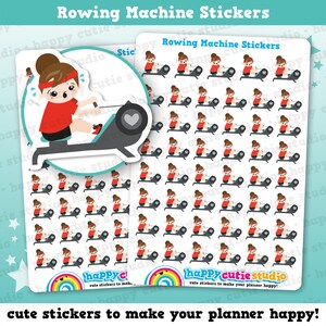 May include: Sheet of stickers featuring a cartoon person rowing on a machine. The stickers are white with a blue border and the text "Rowing Machine Stickers". The cartoon person is wearing a red shirt and black shorts. The text "cute stickers to make your planner happy!" is also included.