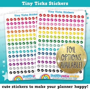 May include: Two sheets of colorful stickers with small check marks in circles. The stickers are arranged in rainbow colors. The text "Tiny Ticks Stickers" is at the top of the sheet. The text "FOIL OPTIONS AVAILABLE!" is in a gold circle.