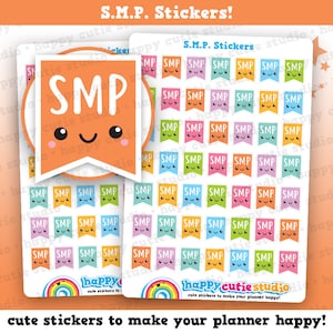 May include: A sheet of colourful stickers with the text "SMP" on each sticker. The stickers are in the shape of a banner with a cute cartoon face. The text "S.M.P. Stickers!" is at the top of the sheet. The text "cute stickers to make your planner happy!" is at the bottom of the sheet.