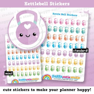 May include: Sheets of colorful kettlebell stickers with smiling faces. The stickers are in various colors, including pink, blue, orange, green, and yellow. The text "Kettlebell Stickers" and "happy cutie studio" are visible.