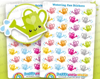 May include: Two sticker sheets featuring colorful watering cans. The stickers include yellow, pink, orange, blue, gray, and green watering cans with smiling faces. The text "Watering Can Stickers" is at the top, and the text "cute stickers to make your planner happy!" is at the bottom.