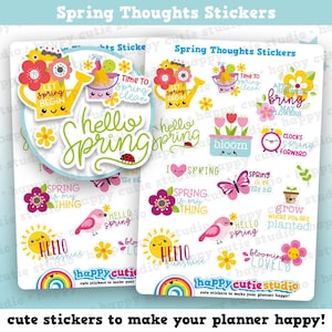 May include: A sheet of colourful spring-themed stickers with various designs. The stickers include images of flowers, sunshine, birds, butterflies, and phrases like "Hello Spring" and "Bloom". The text "Spring Thoughts Stickers" is at the top.