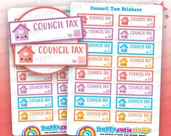 May include: Sheets of colorful planner stickers with the text "Council Tax". The stickers feature cute house illustrations in pink, purple, blue, and yellow. The text "Paid" and "No" are also included. The bottom of the sheet has the text "happy cutie studio".