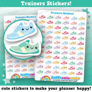 May include: A sheet of colorful cartoon trainer stickers with happy faces. The stickers are perfect for adding a fun and playful touch to planners, journals, and other items.