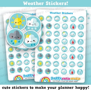 May include: Two sheets of weather-themed stickers. The stickers feature various weather icons, including suns, clouds, rain, and thermometers, in a cute, cartoon style. The text "Weather Stickers!" and "happy cutie studio" are visible.
