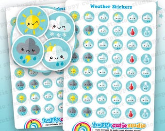 May include: Two sheets of weather-themed stickers. The stickers feature various weather icons, including suns, clouds, rain, and thermometers, in a cute, cartoon style. The text "Weather Stickers!" and "happy cutie studio" are visible.