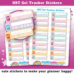 May include: Sheets of HRT Gel Tracker Stickers with colourful, cartoon-style designs. Each sticker features a dispenser graphic and the days of the week. The stickers are in shades of pink, purple, blue, orange, and grey. The text "HRT Gel Tracker Stickers" is at the top.