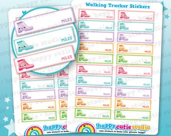 May include: Two sheets of planner stickers with the text "Walking Tracker Stickers." Each sticker features a colorful cartoon boot and space to write "MILES." The stickers are designed with a rainbow and the text "happy cutie studio."